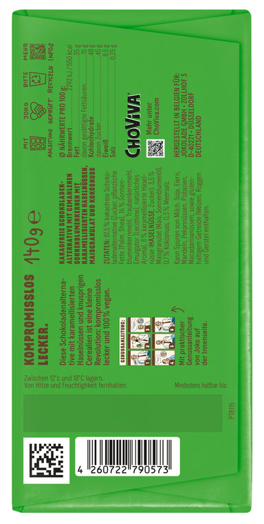 JOKOLADE mit karamellisierten Haselnüssen und knusprigen Cerealien - Vegan & Kakaofrei (12 Tafeln)