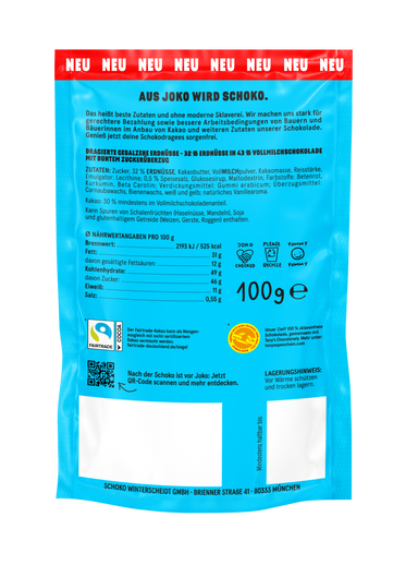 Rückseite Produktverpackung (blau): JOKOLADE Peanuts salzig. Informationen zum Inhalt sowie Angaben von Nährwerten. Banderole oben: NEU