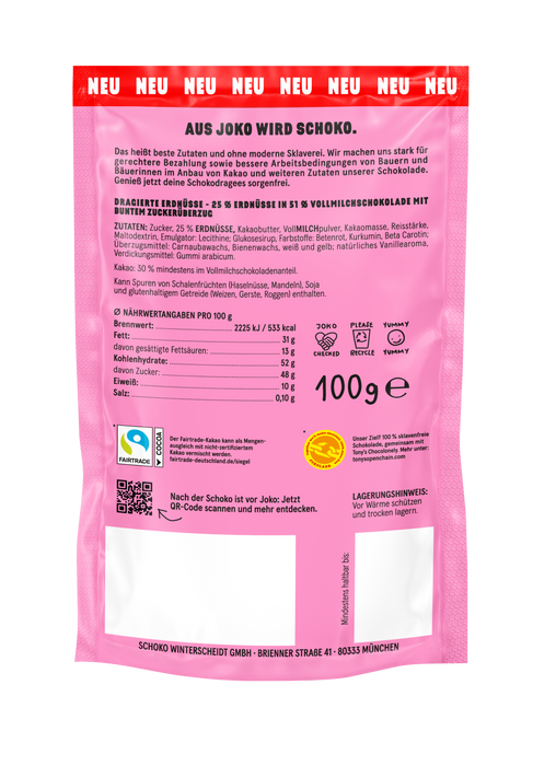 Rückseite Produktverpackung (pink): JOKOLADE Peanuts süß. Informationen zum Inhalt sowie Angaben von Nährwerten. Banderole oben: NEU