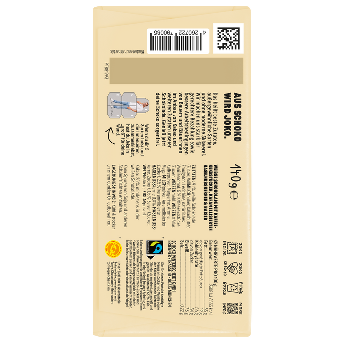 Rückseite Produktverpackung (beige): JOKOLADE No 1. Informationen zum Inhalt und Nährwertangaben